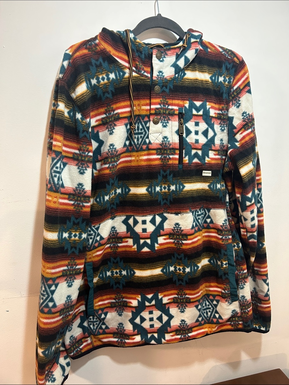 Dravus Tribal Patterned Fleece Pullover Hoodie Sweater Snap Buttons Size XL